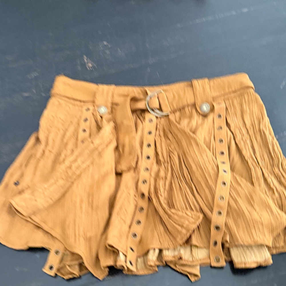 Free People Mustard Tiered Mini Skirt with Studded Belt